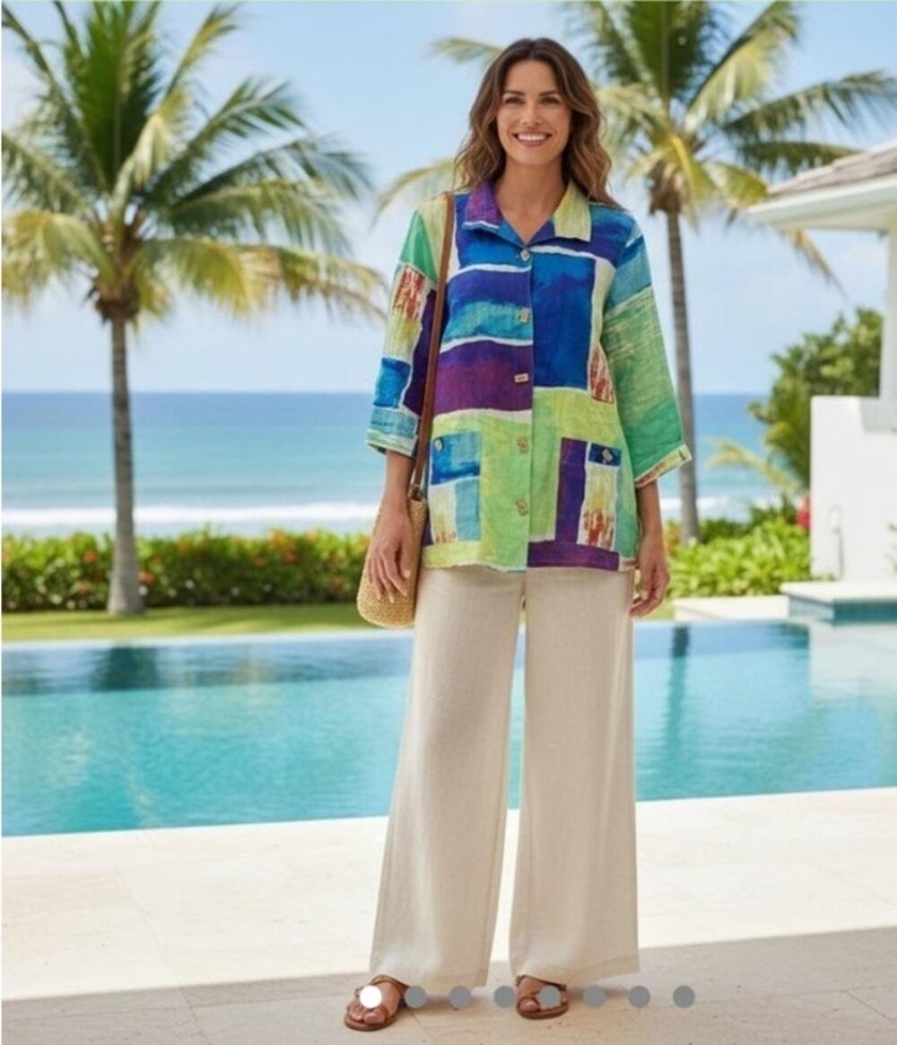 Ali Miles Lagenlook Abstract Geometric Mandarin 100% Linen Jacket Womens L